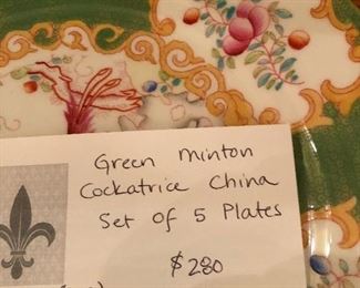Green Minton Cockatrice plates set of 5 asking $280  originally $625