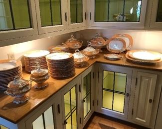 An extensive English porcelain dinner service, circa 1840.  Valued at $3000 - $5000, asking $2400.  Service includes 51 ten inch plates, 15 soup plates, 10.25 inches in diameter, 4 platters, 2 covered entree, 2 covered soup tureens, 2 covered soup tureens on stands. Valued at $3000 - $5000 asking $1200