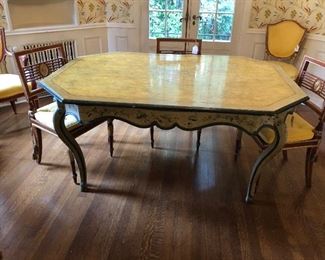 An Italian rococo style faux marble and painted wood table, 20th century, including antique elements. 31.5"h x 63.5"l x 42.25"w.  Valued at $1500 - $2000 asking $1200