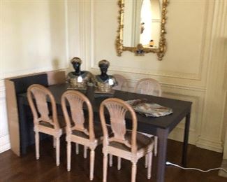 CB2 rectangular table shown with 6 antique Italian chairs.  Table is 71"l x 35 1/2"w x 30"h with one leaf asking $580 chairs described in following photo