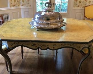 An Italian rococo style faux marble and painted wood table, 20th century, including antique elements. 31.5"h x 63.5"l x 42.25"w.  Valued at $1500 - $2000 asking $1200 shown with Georgian silverplate covered server
