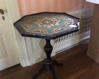 An Italian faux pietra dura top painted wood table, 19th century.  31.5"h x 29" diameter.  Valued at $2000 - $3000 asking $600 one foot needs repair