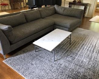 CB2 Decker Sectional sofa originally $2698.   Sectional measures  overall 130" w x 61.5 d with the chaise portion and 29.5"h.  CB2 marble and metal coffee table originally $529.  Table measures 43 1/2" L x 22"w x 13 1/2"h asking $190  Like new rug from Loft Collection 7' x 10' asking $220