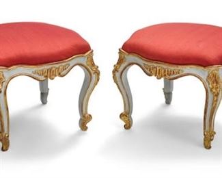 A pair of Continental Rococo style parcel gilt and painted wool tabourets - 19th century  they measure 16.5"h x 21"sq.  Valued at $2000 - $3000 asking $1000