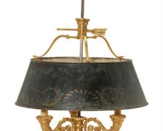 An empire style gilt bronze and tole bouillotte  lamp 19th century 27.5"h x 15.75 shade diameter.  Valued at $1500 - $2500 asking $600
