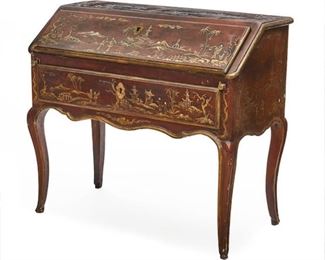 An Italian Rococo Chinoserie decorated and painted wood  fall front bureau second half of the 18th century. 36"h x 41"w x 20"d.  Valued at $3000-$5000 asking $1400