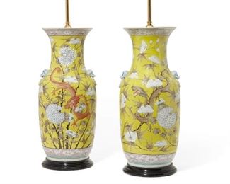 A pair of Famille jaune porcelain dragon vases mounted as lamps  18.5" tall valued at $1000 - $1500 asking $800