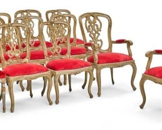 A  set of ten  Italian rococo style painted wood dining chairs 19th century and later.  39"h x 23.5"w x 23"d.  Valued at $5000 - $7000 asking $3800