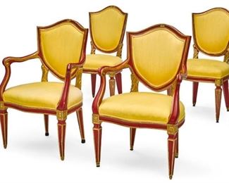 An assembled set of four Italian neoclassical style parcel gilt and painted wood chairs late 18th and 19th century.  37.5"h x 24"w x 20"d .  Valued at $2000 - $3000 asking $1200