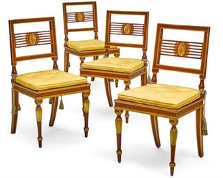 Set of four neoclassical style parcel gilt and painted wood chairs.  19th century.  35.5"h x 18.5"w  x 19.25"d Valued at $2000 - $3000 asking $1200