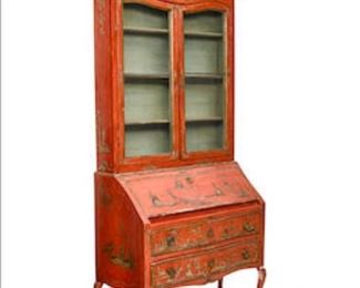 An Italian rococo style paint decorated wood bureau bookcase, 19th century, 81"h x 42.5"w x 18"d.  Valued at $4000 - $6000 asking $1400