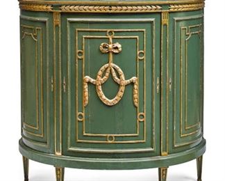 A continental neoclassical style parcel gilt and painted wood demilune cabinet, 20th century.  55"h x 51"w x 21.5"d.  Valued at $2000 - $3000 asking $1400