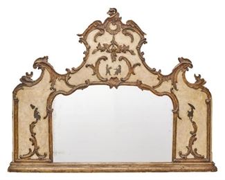 An Italian rococo partial gilt and painted wood ornamental mirror, 19th century.  40"h x 50.5"w.  Valued at $2500 - $3500 asking $1200