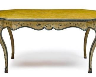 An Italian rococo style faux marble and painted wood table, 20th century, including antique elements. 31.5"h x 63.5"l x 42.25"w.  Valued at $1500 - $2000 asking $1200