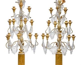 A pair of large cream painted and gilt wood, painted metal and cut glass fourteen light candelabra, 19th century. Approximately 60" tall.  Valued at $1500 - $2000 asking $500