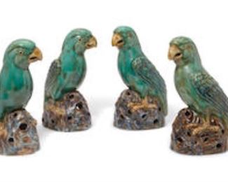 Four Chinese green glazed earthenware parrots, 20th century. 13.5" tall. Valued at $1500 - $2000. asking $580 per pair