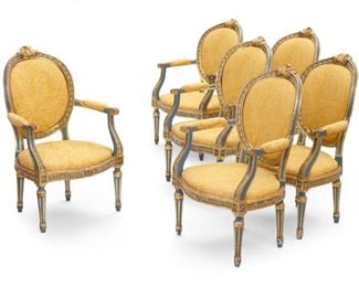 A set of  six Louis the XVI parcel gilt and blue painted fauteuils late 18th century 39"h x 25"w x 19"d value is between $8000 and $12,000 asking $2400
