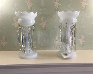 pair of Victorian candelabra with milk glass shades asking $300 for the pair