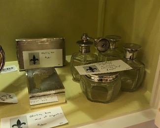 beautiful glass and sterling dresser set and two sterling boxes one with a map of Argentina on its lid