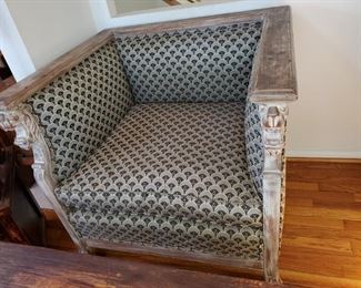 Museum like Square Chair with hand carved Lion Wooden Frame with "Deco" style of Fabric