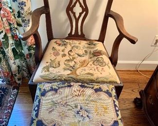 Armchair with needlepoint seat and needlepoint stool