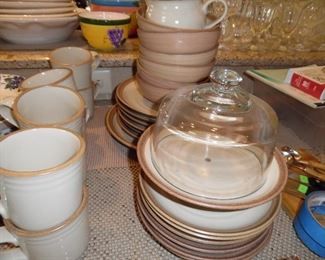 Noritake Stoneware "Madera Ivory" 6 place setting, 8 mugs, milk jug, covered cheese plate