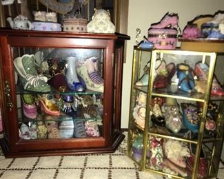 A large collection of Victorian Shoe collectibles and display cases.