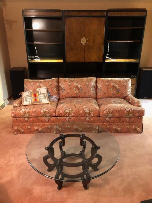 Asian theme coffee table,  floral couch and Chin Hua entertainment cabinet with two bookshelf units