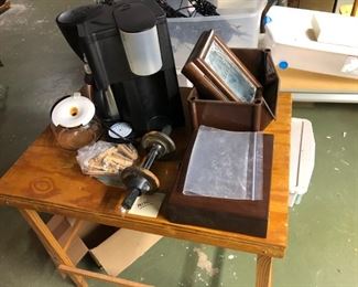 Coffee maker and misc on work table