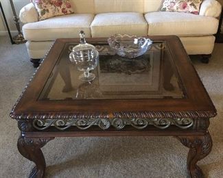 SMITH BROTHERS COUCH AND LOVELY WOOD/GLASS TOP COFFEE TABLE 