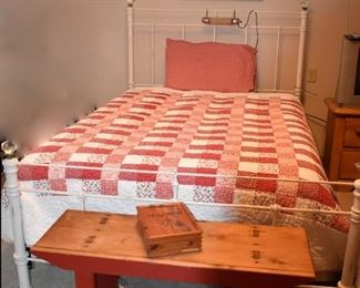Cast Iron Bed, Patch Quilt, PIllow, Primitive Bench, Bible in Wood Box