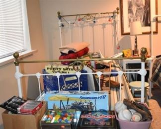 Wood Bench, Cast Iron Twin Bed, Art, Records, Books, Games, Model Planes, Baseballs & Gloves, Bullet Lamp, Bedspread, Monopoly Game
