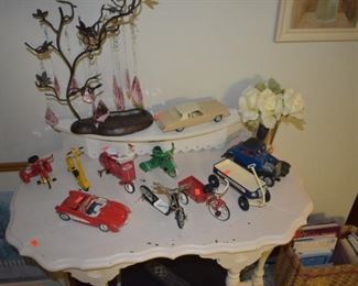 Antique Table, Die cast cars, Unique Tree with Pink Crystals