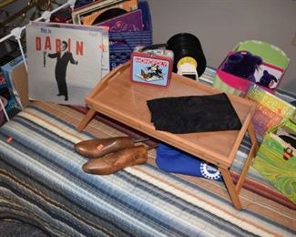 Bed Tray, Records, Monopoly Box, Shoe Stretchers, 45s