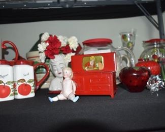 Vintage Glassware, German Doll, Tin Toy Stove