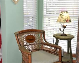 Wicker Chair, Table and Bird Lamp