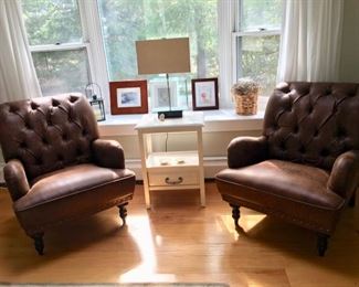 Pair of genuine leather & tapestry easy chairs