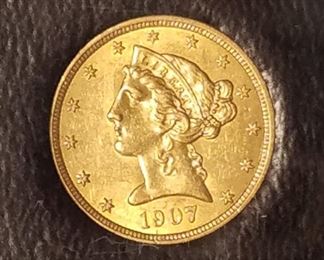 1907 Coronet Head Gold $5 Half Eagle UNC