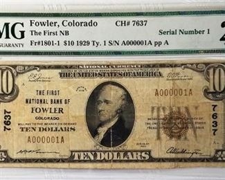 1929 $10 National Bank Note, Serial #1 PMG VF25