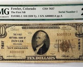 1929 $10 National Bank Note, Serial #1 PMG VF25