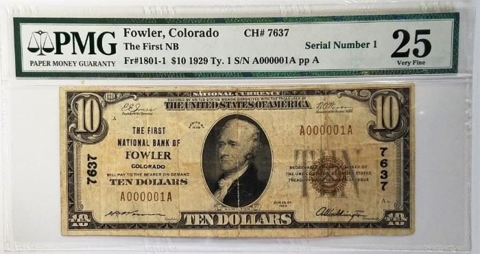 1929 $10 National Bank Note, Serial #1 PMG VF25