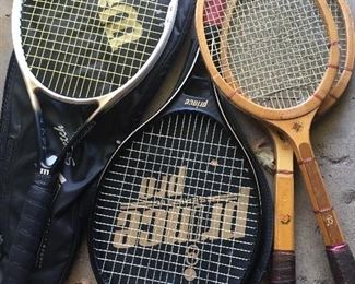 Tennis rackets- Wilson Hammer 6.2, Prince Pro Series 110, and 2 vintage Bancroft wooden rackets