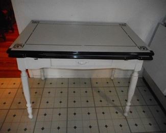 Vintage Black White Enamel Farm Table, Pull out Leaves. Silver Ware Drawer