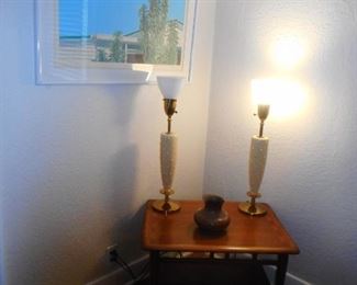 Mid Century Rembrandt Table Lamps. Vintage Mahogany Inlay Occasional Table