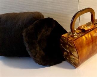 Beaver Fur Hand Muff and Matching Beret - Tortoise Shell Handbag