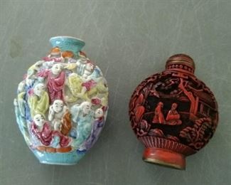 Absolutely the rarest items I the house. #1 Ming Dynasty 1850-1899 Lohan Snuff Bottle very ornate intricate fascinating work of art! Next #2 is 1800's Cinnabar hand carved snuff bottle with stoper! Real Cinnabar!