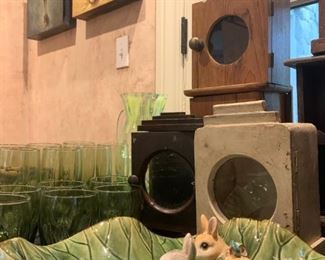 Antique Cabinets, Green Glass, Fitz and Floyd Bunnies
