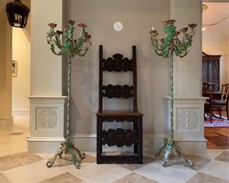 Arts and Crafts Carved Hall Chairs, PAIR, Wrought Iron Floor Candelabra