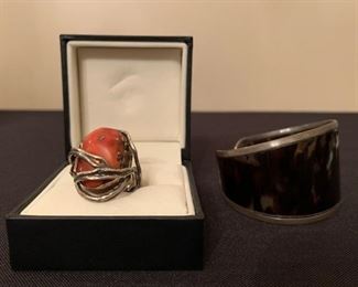 Coral and Sterling Ring from Barneys, Sterling Wrapped Tortoise Shell Cuff