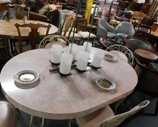 Mid Century Pink 42" table with leaf & 4 bistro pink vinyl padded chairs 